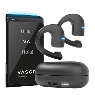 Translator Q1 device is shown alongside a wireless black translation earpiece, its charging case, and a triangular charging dock. Blue indicator lights are visible on the earpiece. 