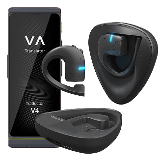 Translator V4 device is shown alongside a wireless black translation earpiece, its charging case, and a triangular charging dock. Blue indicator lights are visible on the earpiece. 