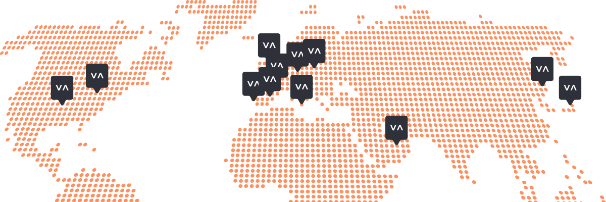 Vasco World Map A dotted orange world map on a black background with gray VA markers placed on various locations across North America, Europe, the Middle East, and Asia.
