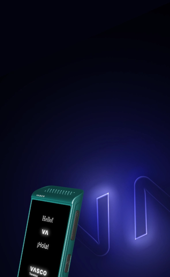 A teal Vasco Translator M4 device angled upward at the bottom left of the frame. The screen displays the greeting 'Hello!' and '¡Hola!' in white text on a black background, separated by a stylized 'VA' logo.