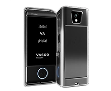 Crystal Clear silicone case for the Vasco Translator M4, shown on a black device from the front and back. The case has a rear cutout for the M4 camera and an opening at the bottom for attaching a keychain or lanyard.